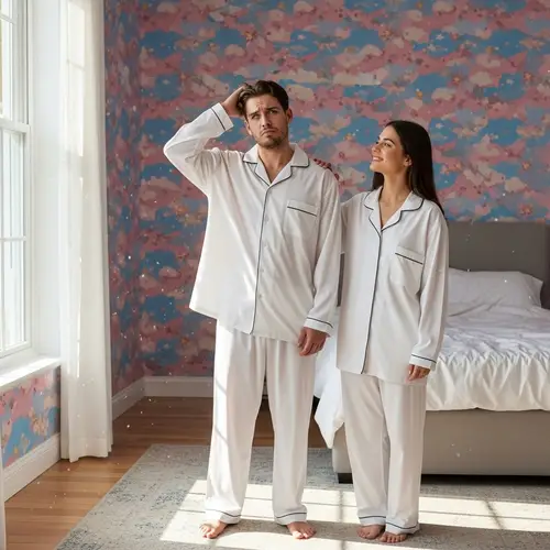 Confused Couple in Playful Pajamas - A Fun Riddle