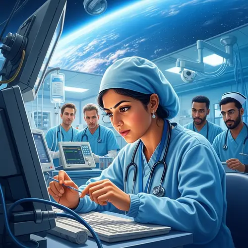 Female Medical Engineer in Government Hospital Surrounded by Male Nurses - Digital Painting