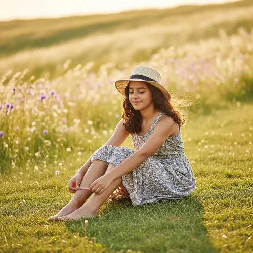 Barefoot Spanish Teenage Girl Playing with Toes on Grassy Hill