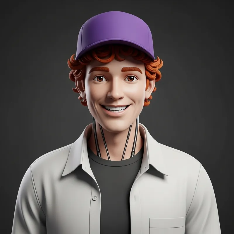 Friendly Male AI Robot with Purple Snapback - Ginger Curly Hair Stylish Design
