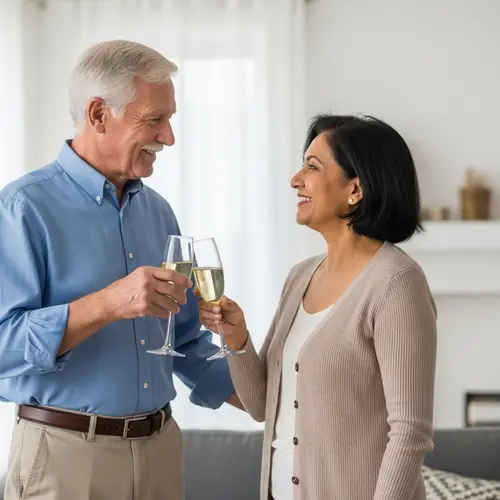 Retirement Celebration with Champagne – Elderly Couple Toasting Joyfully