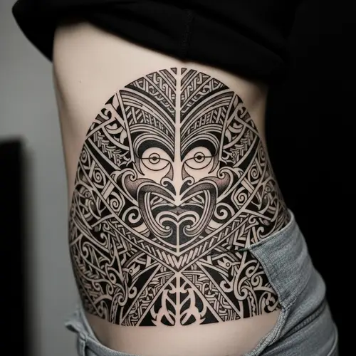 Black Ink Tribal Cover-Up Tattoo Below Waistline | Geometric Maori Style