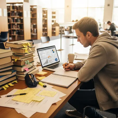 Caucasian Male Student Researching in Library | Data Gathering