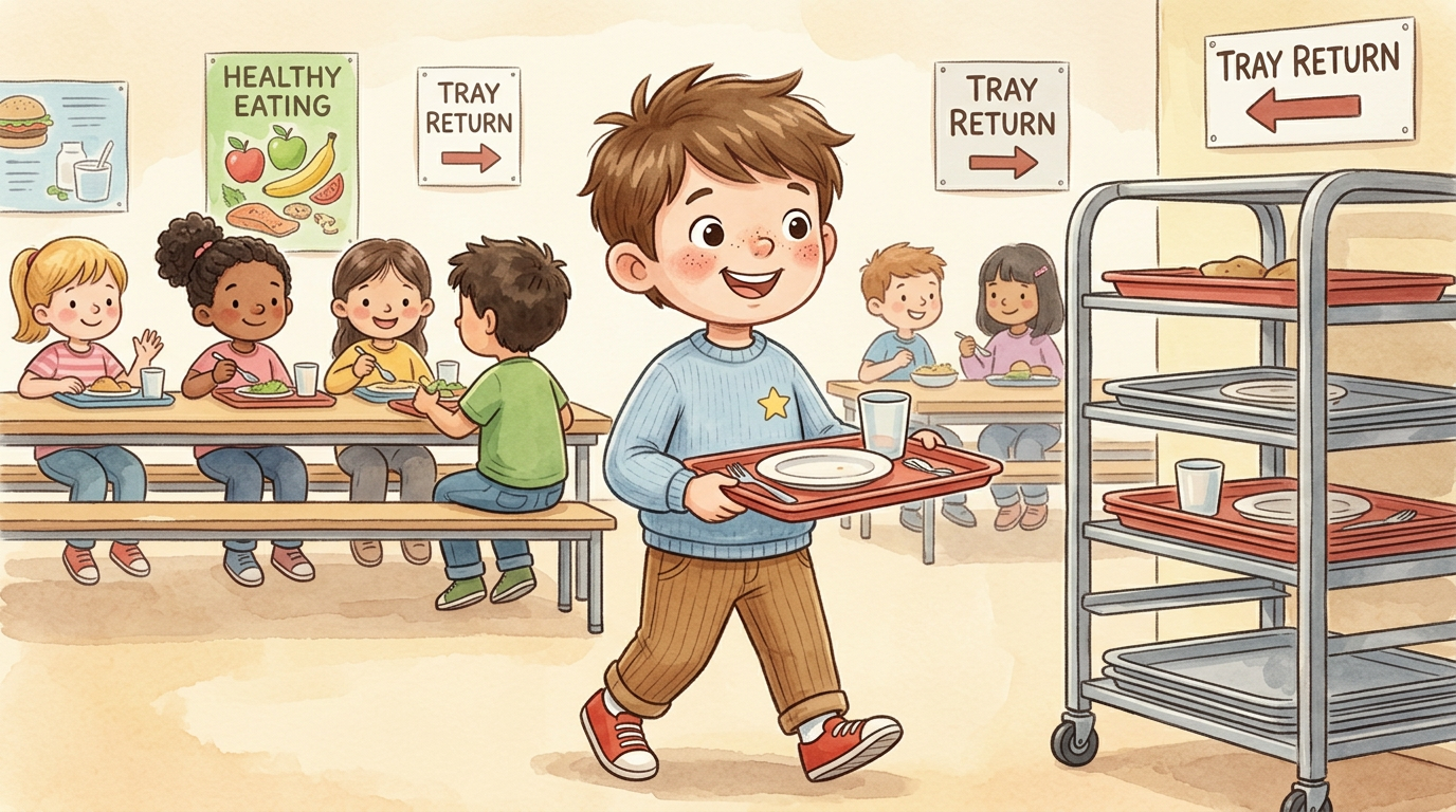 David carrying his lunch tray to the tray return in the same blue sweater, brown trousers and red sneakers