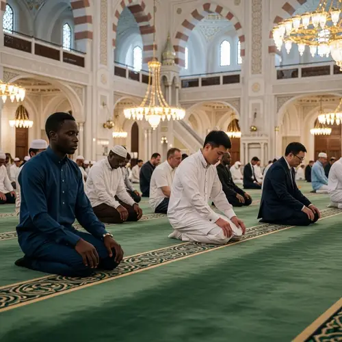 Diverse Men Engaged in Prayer at Grand Mosque