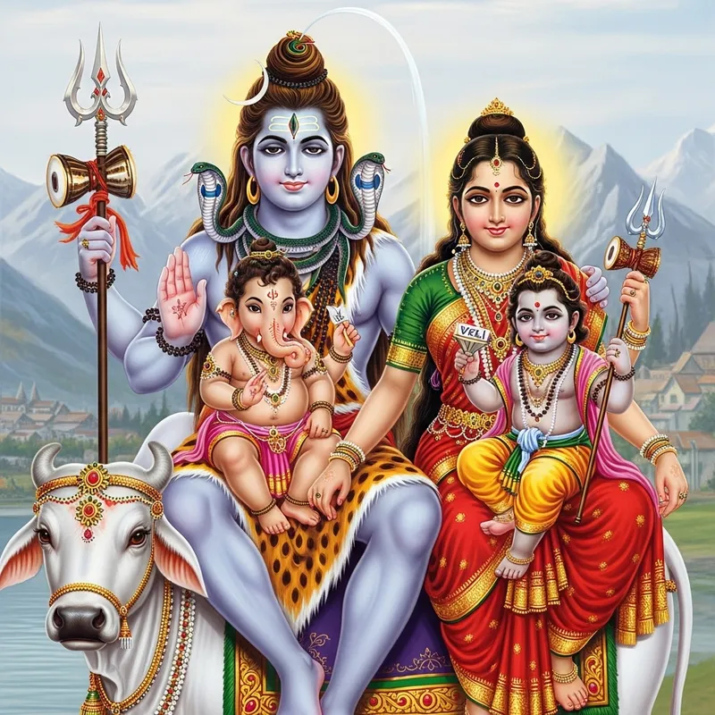 Divine Lord Shiva and Maa Parvati with Ganesha and Kartikeya