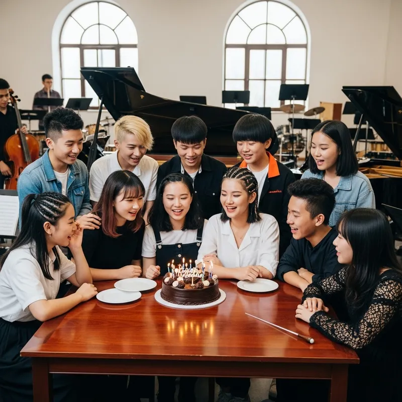 Chinese Teens at a Music Conservatory Celebrate Birthday with Chocolate Cake