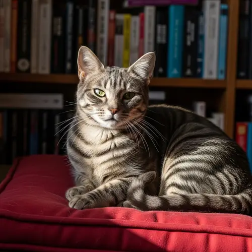 Gray Short-Haired Domestic Cat | Relaxing on Red Cushion