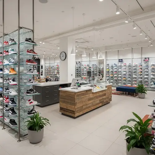 Dynamic Sneaker Store Reception | Modern Counter & Colorful Displays
