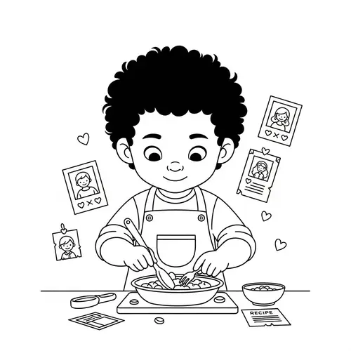 Heartwarming Cartoon Rendering of Child Cooking | Coloring Page