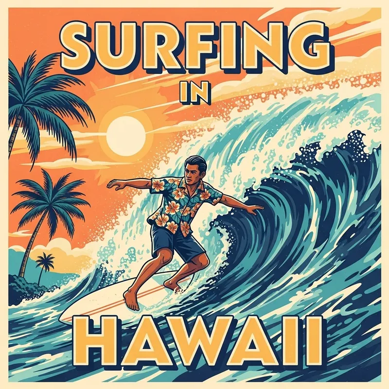 Vintage Surfing in Hawaii Poster - Tropical Sunset Art