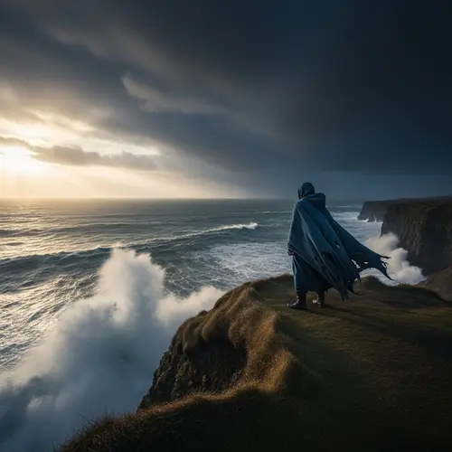 Solitary Figure on Cliff: Nature’s Fury and Beauty
