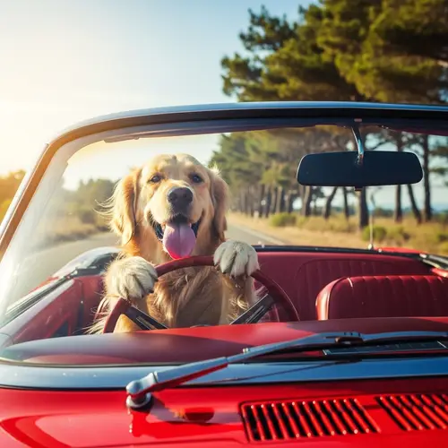 Golden Retriever Driving Classic Red Convertible - Fun Dog Adventure