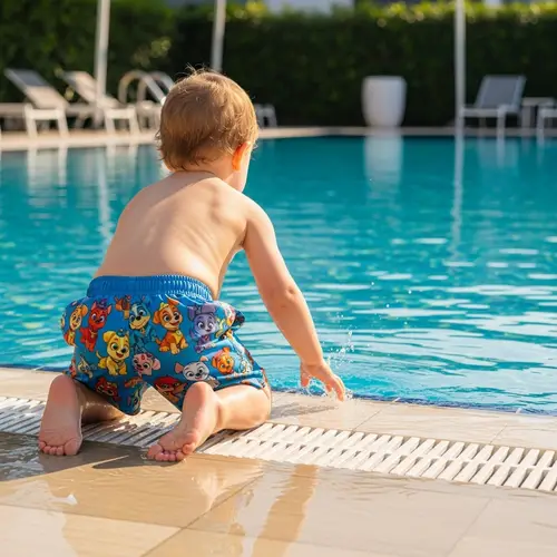 Adorable Toddler in Paw Patrol Swim Shorts by Well-Lit Poolside
