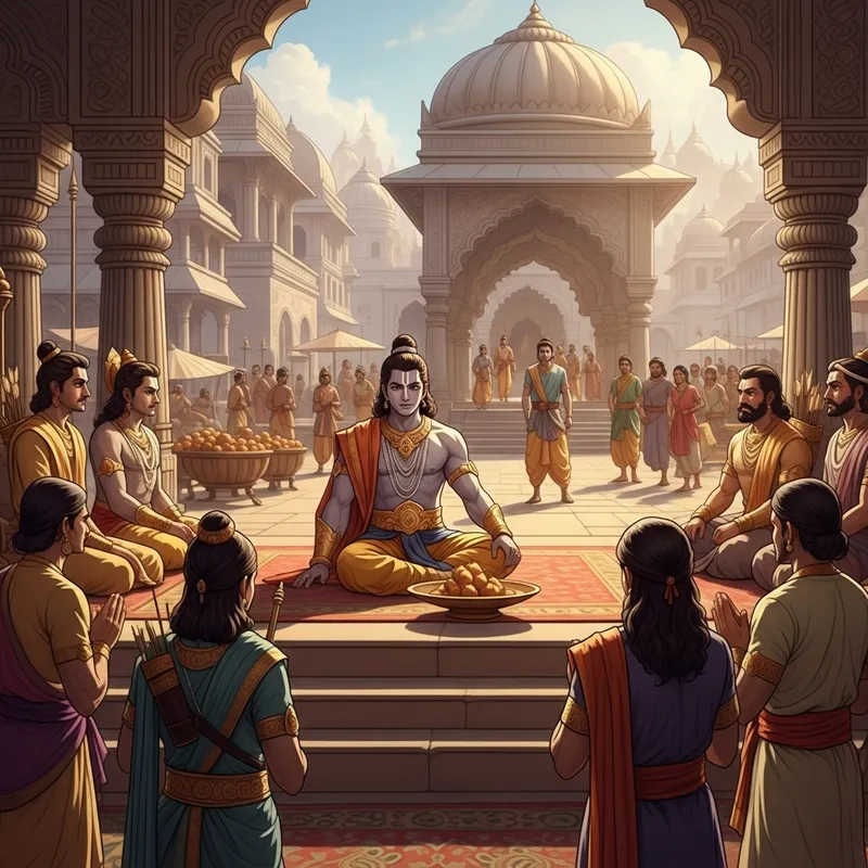 Rama's Court: Ancient South Asian Scene Depicting Order and Reverence Rama's Court: Ancient South Asian Scene Depicting Order and Reverence