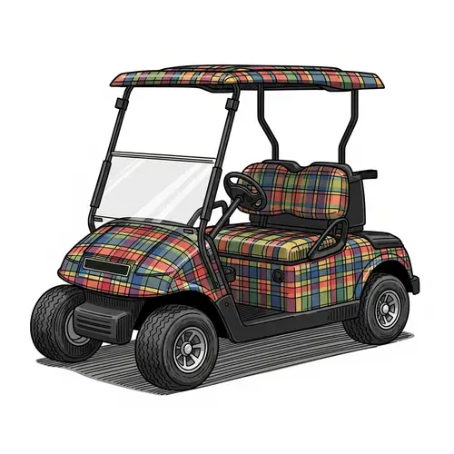 Colorful Plaid Golf Cart Drawing | Hand-Drawn Artwork