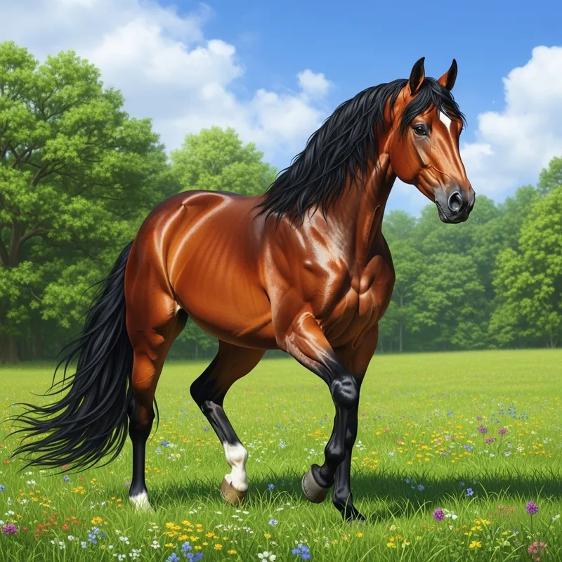 Majestic Chestnut Brown Horse in Verdant Pasture Majestic Chestnut Brown Horse in Verdant Pasture
