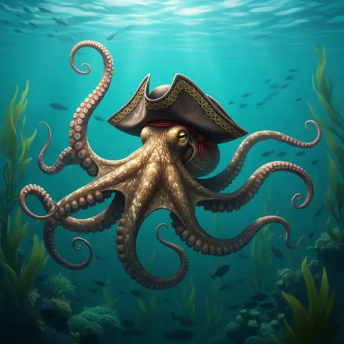 Octopus Wearing Pirate Hat in Teal Ocean Depths