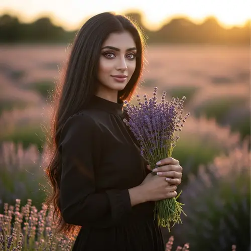 Enchanting South Asian Girl with Pink Eyes Holding Lavender