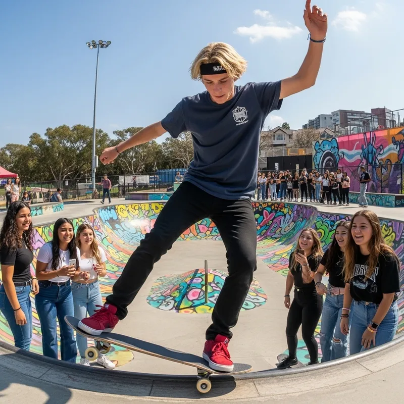 Vibrant Skateboarding Moment: Blonde Teen in Energetic Skate Park