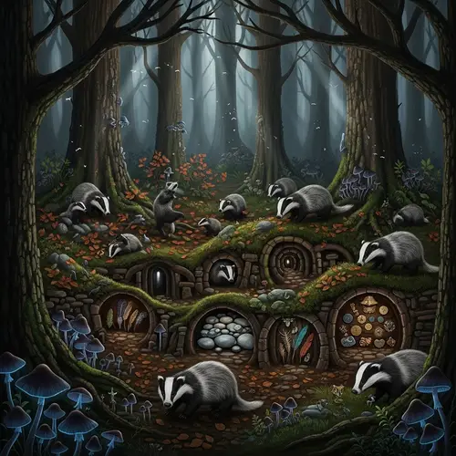 Enchanting Badger World: Dark and Whimsical Forest Imagery