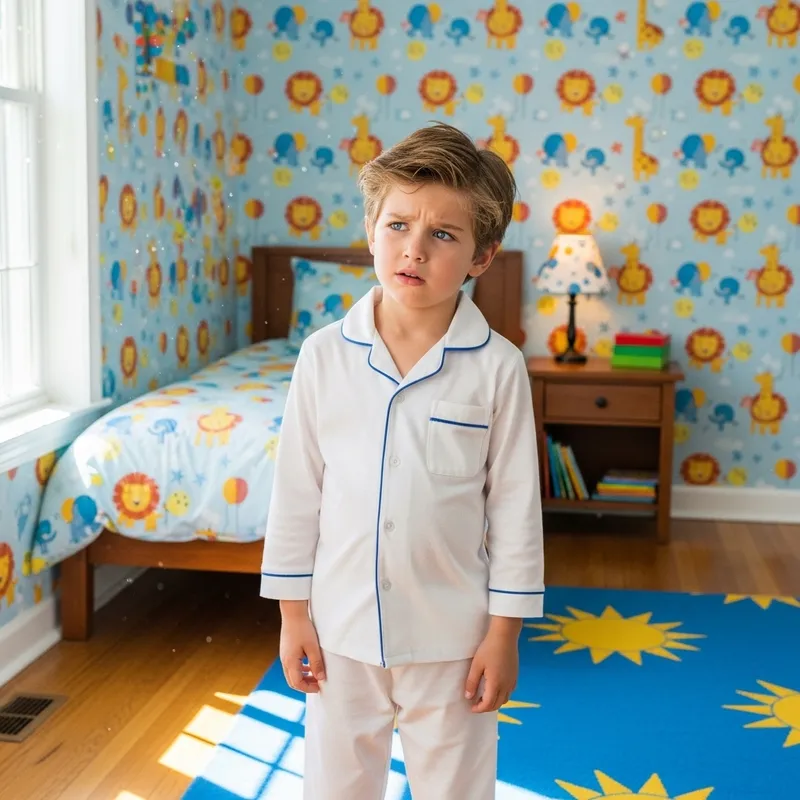 Confusion of Eight-Year-Old in Bedroom Decorated with Playful Wallpapers