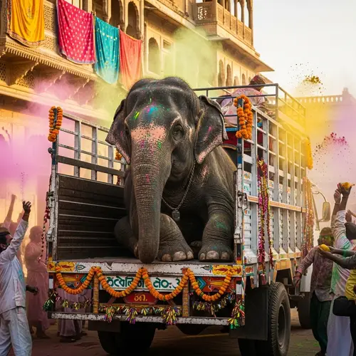 Indian Elephant Celebrates Holi Festival in Truck