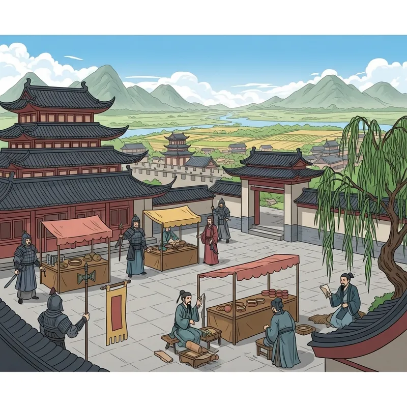 Tang Dynasty Frontier Scene with Marketplace and Scholars