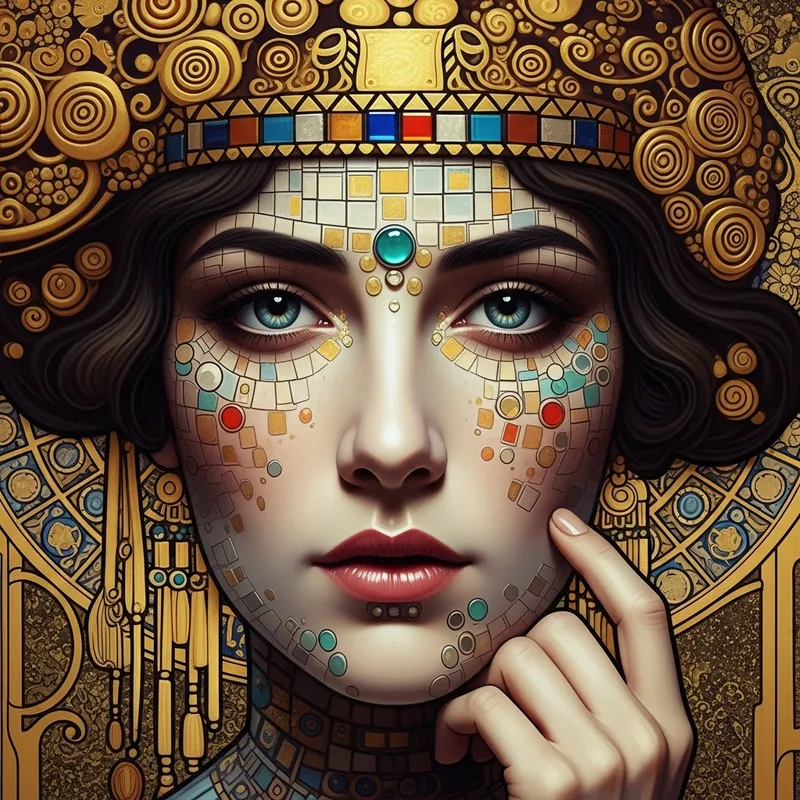 Intense Gaze Woman Mosaic Face | Art Nouveau Painting Intense Gaze Woman Mosaic Face | Art Nouveau Painting