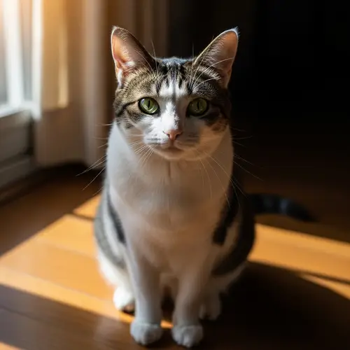 Beautiful Black & White Domestic Cat on Vintage Wooden Floor