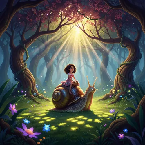 Magical Forest Adventure: Girl Riding Giant Snail