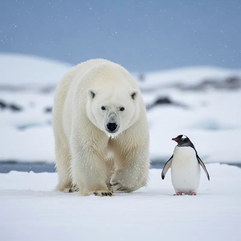 Majestic Polar Bear and Penguin Encounter in Arctic Snowscape Majestic Polar Bear and Penguin Encounter in Arctic Snowscape