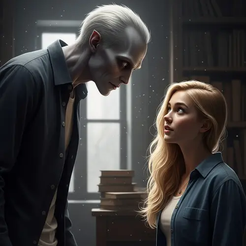 Eerie Encounter Between Tall Humanoid and Blonde Teen