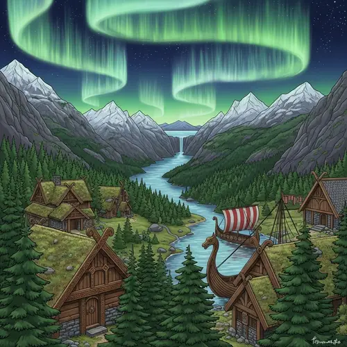 Norse Mythology Setting with Nordic Architecture & Maritime Culture