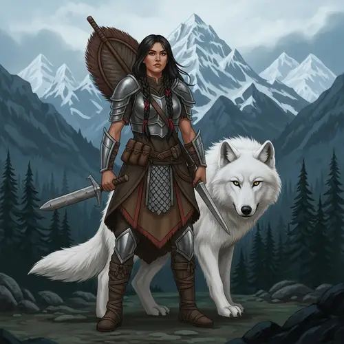 Female Hispanic Warrior with White Wolf in Mountain Forests