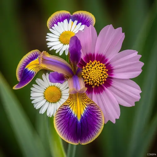 Vibrant Chimera Flower: Iris, Peony, Daisy, Cosmos Fusion