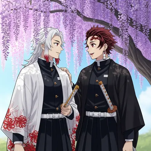 Demon Hunter Anime Characters Under Wisteria Tree - Camaraderie Scene