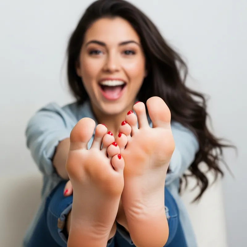 Excited Dark Hair Girl Showing Off Red Toenails
