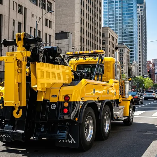 Vibrant Yellow Tow Truck on City Street | Towing Equipment Display