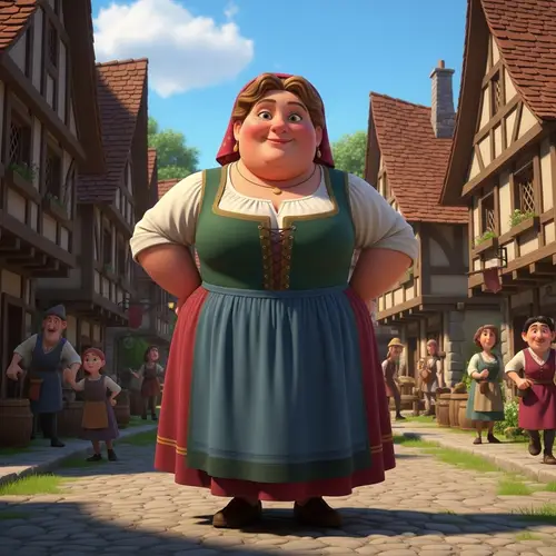 Medieval Village Scene with Cheerful Woman | Animated Style