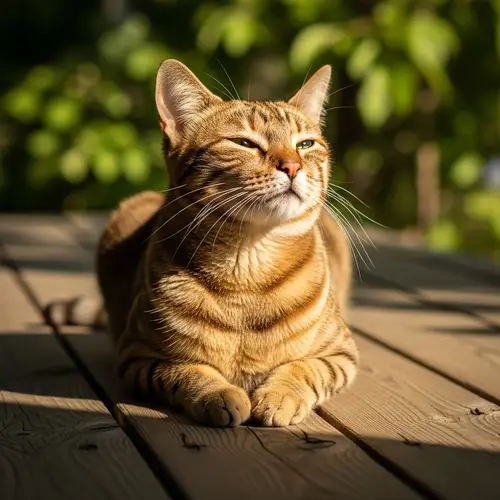 Lazy Short-Haired Cat Relaxing on Wooden Porch
