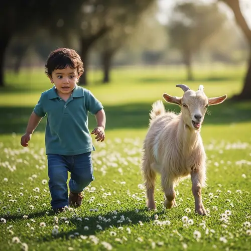 Whimsical Rural Scene: Middle-Eastern Child Running with Playful Farm Goat