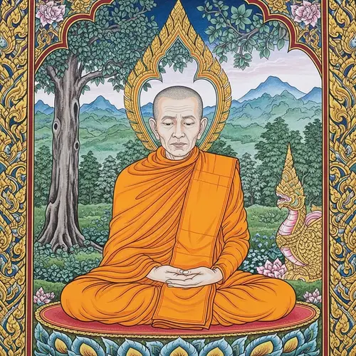 Traditional Thai Art: Serene Buddhist Monk Meditating