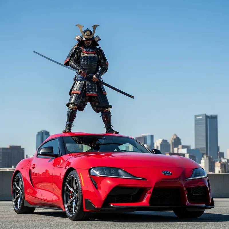 Sleek Toyota Supra with Samurai in Modern Setting