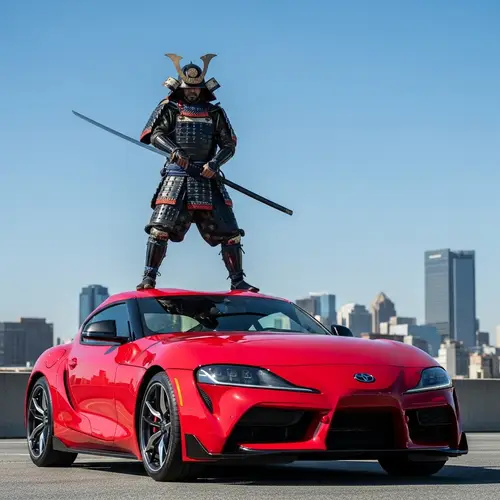 Fiery Red Toyota Supra with Samurai in Modern Setting