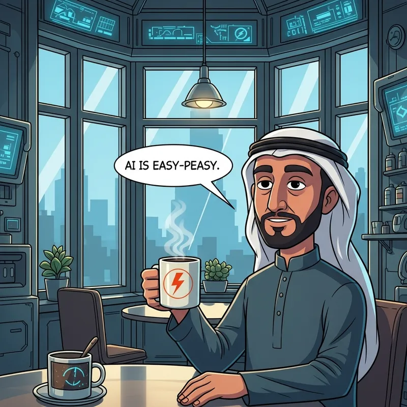 Sci-Fi Cartoon: Middle-Eastern Man with Lightning Bolt Coffee Mug in Futuristic Coffee Shop and 'AI is Easy-Peasy'