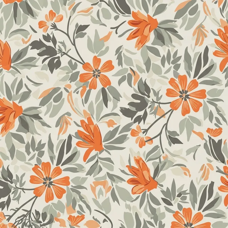 Boho Style Abstract Flower & Leaves in Grey, Sage Green, Orange