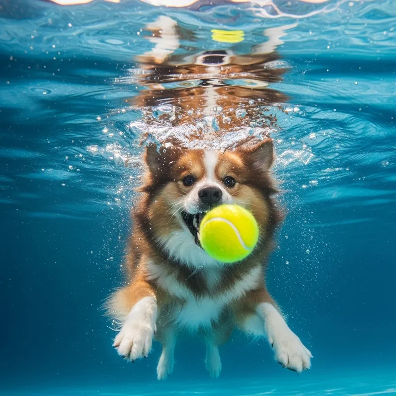 Joyful Dog Playing Underwater with Tennis Ball in Vibrant Colors Joyful Dog Playing Underwater with Tennis Ball in Vibrant Colors