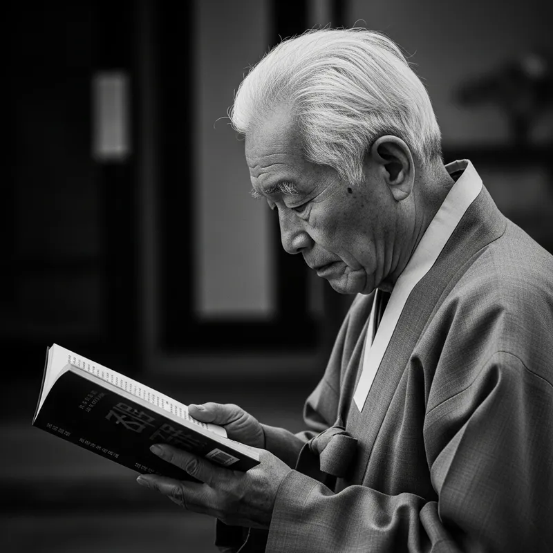 Wisdom and Introspection: Elderly Asian Man in Traditional Gray Robe
