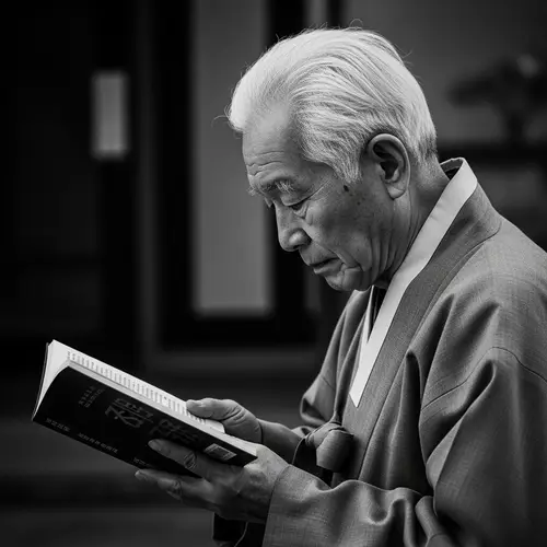 Wisdom and Introspection: Elderly Asian Man in Traditional Gray Robe